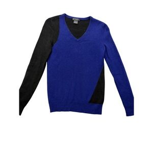 C By Bloomingdale's Sweater Womens XS Blue Black 100% Cashmere V Neck Colorblock